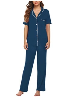 Pajamas Set Short Sleeve Soft Sleepwear Pjs Women Button Down Nightwear with Long Pants S-XXL