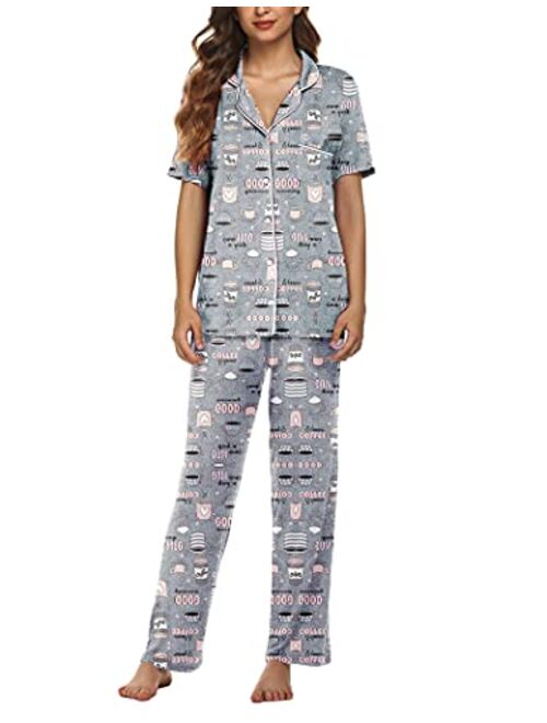 Avidlove Pajamas Set Short Sleeve Soft Sleepwear Pjs Women Button Down Nightwear with Long Pants S-XXL