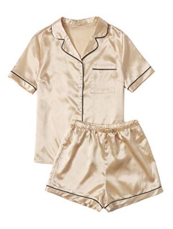 Women's Short Sleeve Sleepwear Button Down Satin 2 Piece Pajama Set