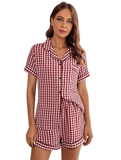 Women's Short Sleeve Sleepwear Button Down Satin 2 Piece Pajama Set