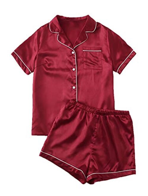 SweatyRocks Women's Short Sleeve Sleepwear Button Down Satin 2 Piece Pajama Set