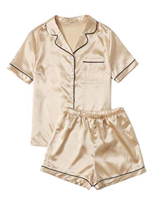 SweatyRocks Women's Short Sleeve Sleepwear Button Down Satin 2 Piece Pajama Set