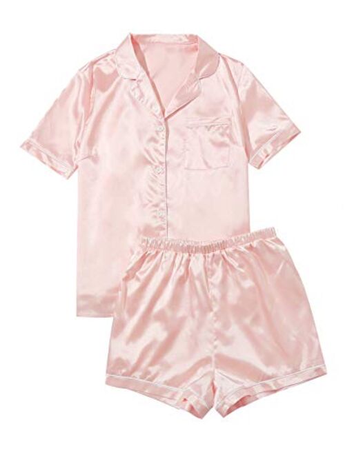 SweatyRocks Women's Short Sleeve Sleepwear Button Down Satin 2 Piece Pajama Set