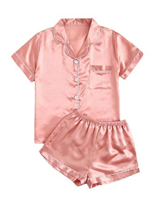 SweatyRocks Women's Short Sleeve Sleepwear Button Down Satin 2 Piece Pajama Set