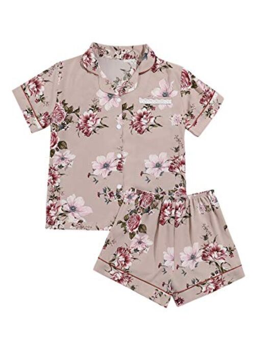 SweatyRocks Women's Short Sleeve Sleepwear Button Down Satin 2 Piece Pajama Set