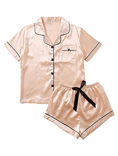 SweatyRocks Women's Short Sleeve Sleepwear Button Down Satin 2 Piece Pajama Set