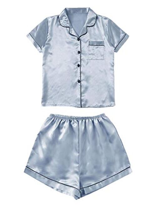 SweatyRocks Women's Short Sleeve Sleepwear Button Down Satin 2 Piece Pajama Set