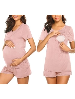 Labor/Delivery/Nursing Maternity Pajamas Set for Hospital Home, Basic Nursing Shirt, Adjustable Size Pregnancy Shorts