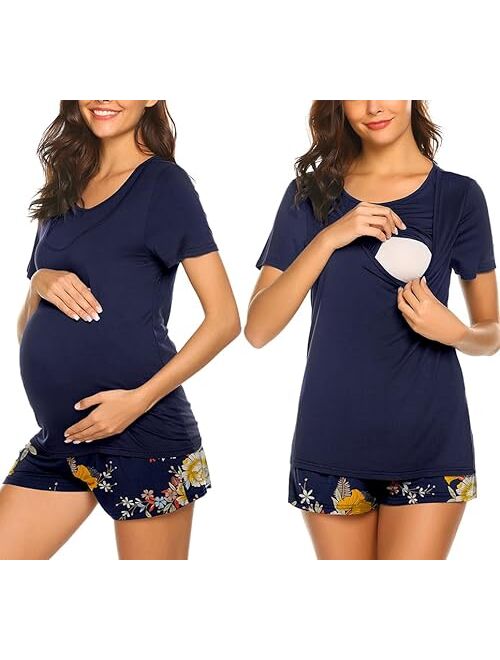 Ekouaer Labor/Delivery/Nursing Maternity Pajamas Set for Hospital Home, Basic Nursing Shirt, Adjustable Size Pregnancy Shorts