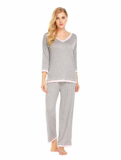 Ekouaer Pajama Sets Womens Long Sleeve Sleepwear Cotton Lounge Nightwear Sets