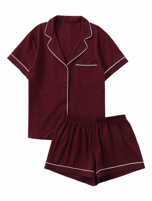 Floerns Women's Notch Collar Short Sleeve Sleepwear Two Piece Pajama Set