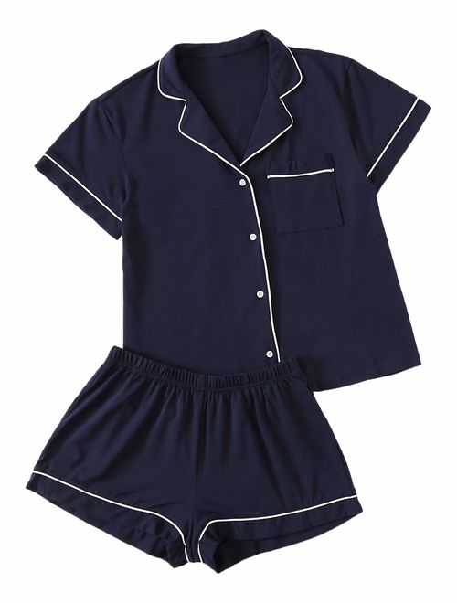 Floerns Women's Notch Collar Short Sleeve Sleepwear Two Piece Pajama Set