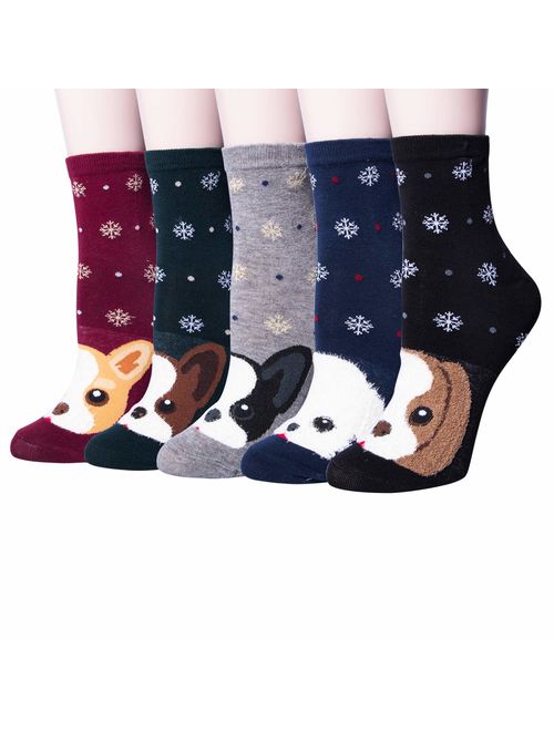 Panvbo 5 Pairs Womens Cute Animal Socks Cat Dog Funny Casual Cotton Socks