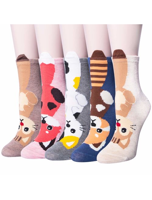 Panvbo 5 Pairs Womens Cute Animal Socks Cat Dog Funny Casual Cotton Socks