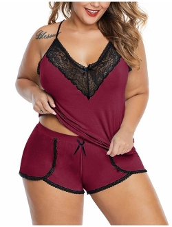 XAKALAKA Women Plus Size Pajamas Cami Shorts Set Nightwear Sexy Lace Lingerie Sleepwear