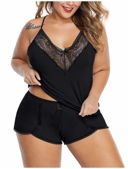 XAKALAKA Women Plus Size Pajamas Cami Shorts Set Nightwear Sexy Lace Lingerie Sleepwear