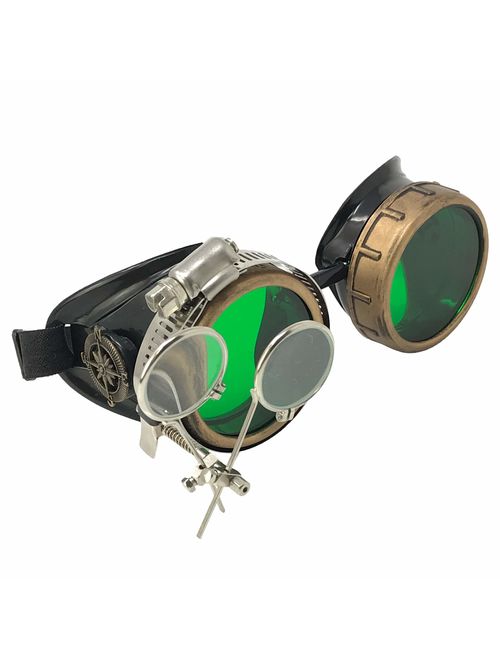 UMBRELLALABORATORY Steampunk Victorian Style Goggles with Compass Design, Colored Lenses & Ocular Loupe