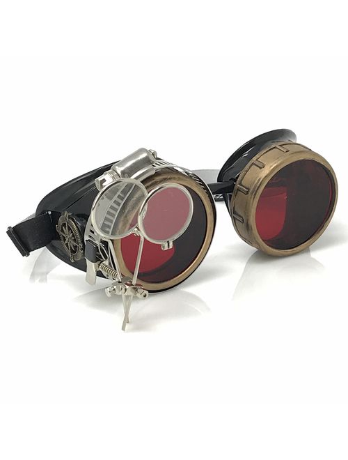 UMBRELLALABORATORY Steampunk Victorian Style Goggles with Compass Design, Colored Lenses & Ocular Loupe