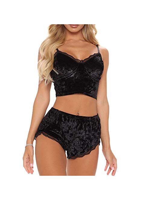 RUEWEY Women Sexy Strappy Babydoll Lingerie Satin Pajama Set Camisole with Shorts 2 Piece Sleepwear