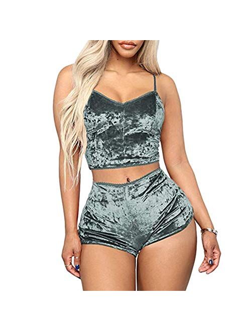 RUEWEY Women Sexy Strappy Babydoll Lingerie Satin Pajama Set Camisole with Shorts 2 Piece Sleepwear