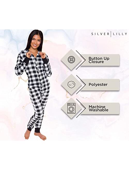 Silver Lilly Slim Buffalo Plaid Flapjack Pajamas - Warm Adult Onesie Jumpsuit, Cotton One Piece PJs, Union Suit, Women's