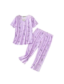 PNAEONG Women Pajama Set Sleepwear Tops with Capri Pants Casual and Fun Prints Pajama Sets