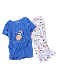 PNAEONG Women Pajama Set Sleepwear Tops with Capri Pants Casual and Fun Prints Pajama Sets