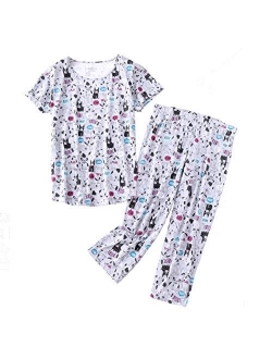 PNAEONG Women Pajama Set Sleepwear Tops with Capri Pants Casual and Fun Prints Pajama Sets