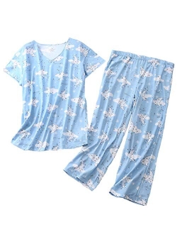 PNAEONG Women Pajama Set Sleepwear Tops with Capri Pants Casual and Fun Prints Pajama Sets