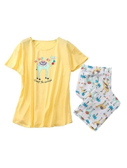 PNAEONG Women Pajama Set Sleepwear Tops with Capri Pants Casual and Fun Prints Pajama Sets