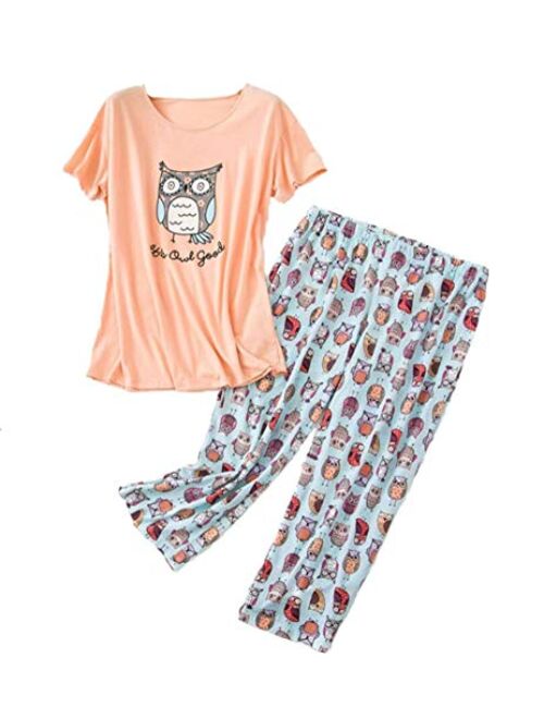 PNAEONG Women Pajama Set Sleepwear Tops with Capri Pants Casual and Fun Prints Pajama Sets