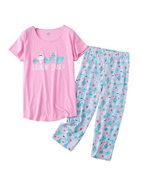 PNAEONG Women Pajama Set Sleepwear Tops with Capri Pants Casual and Fun Prints Pajama Sets