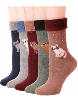 Womens Wool Socks Fuzzy Thick Heavy Thermal Winter Warm Cute Crew Socks For Cold Weather 5 Pack