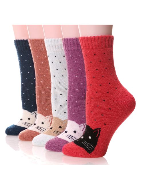 Womens Wool Socks Fuzzy Thick Heavy Thermal Winter Warm Cute Crew Socks For Cold Weather 5 Pack