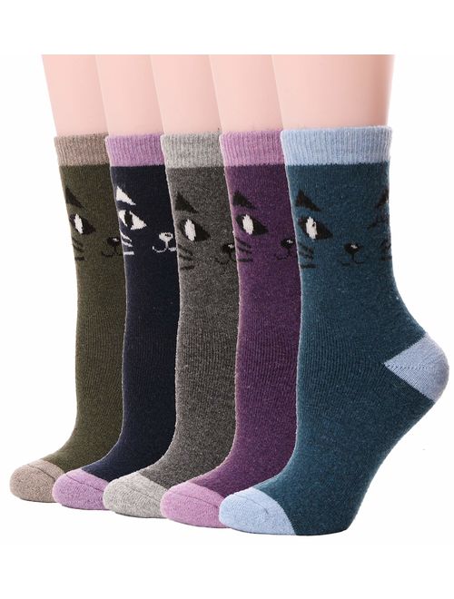 Womens Wool Socks Fuzzy Thick Heavy Thermal Winter Warm Cute Crew Socks For Cold Weather 5 Pack