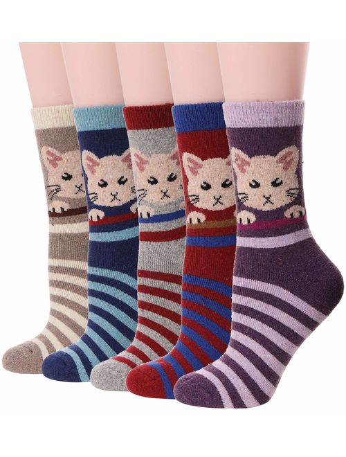 Womens Wool Socks Fuzzy Thick Heavy Thermal Winter Warm Cute Crew Socks For Cold Weather 5 Pack