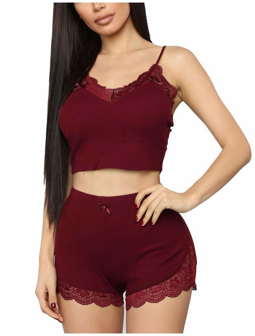 RSLOVE Pajamas Set Women's V-Neck Sleeveless Sleepwear PJ Set Soft Lace Cami Set with Short Pants Nightwear