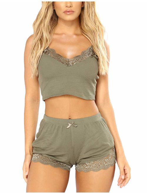 RSLOVE Pajamas Set Women's V-Neck Sleeveless Sleepwear PJ Set Soft Lace Cami Set with Short Pants Nightwear