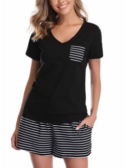 Vlazom Women's Pajama Sets V-Neck Short Sleeve Summer Pjs Set Striped Solid Sleepwear with Pockets