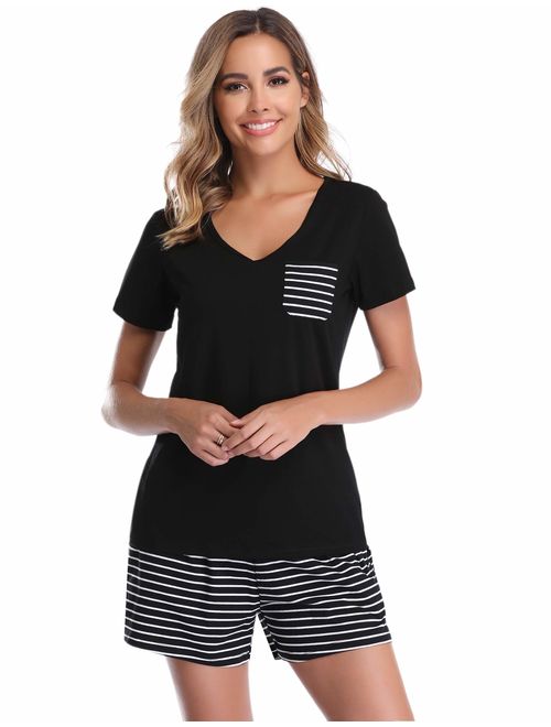 Vlazom Women's Pajama Sets V-Neck Short Sleeve Summer Pjs Set Striped Solid Sleepwear with Pockets