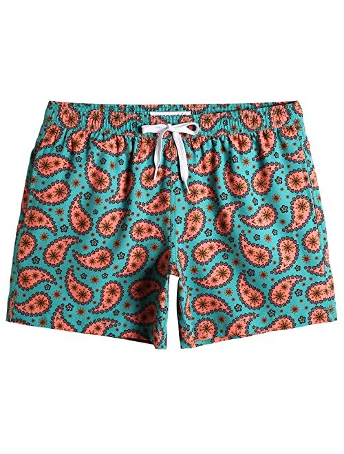 MaaMgic Mens Boys 80s 90s Vintage 4 Way Stretch Swim Trunks with Mesh Lining Quick Dry Swim Suits Board Shorts