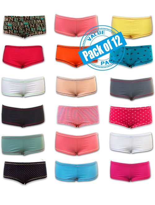 Sexy Basics Womens 12 Pack Grab Bag Cotton Spandex Boyshort Briefs, Colors May Vary