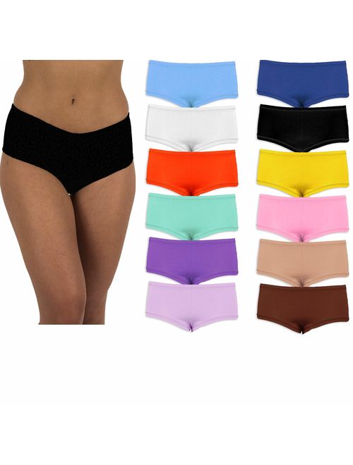 Sexy Basics Womens 12 Pack Grab Bag Cotton Spandex Boyshort Briefs, Colors May Vary