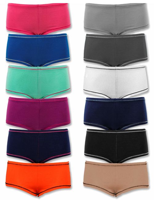 Sexy Basics Womens 12 Pack Grab Bag Cotton Spandex Boyshort Briefs, Colors May Vary