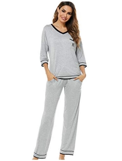 Women's V-Neck Knit Sleepwear 3/4 Sleeves Top with Pants Soft Pajama Set