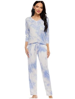 Women's V-Neck Knit Sleepwear 3/4 Sleeves Top with Pants Soft Pajama Set