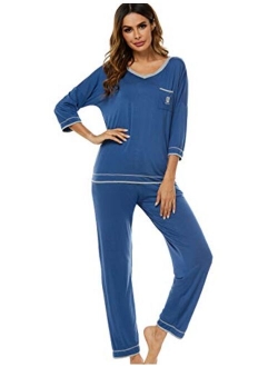 Women's V-Neck Knit Sleepwear 3/4 Sleeves Top with Pants Soft Pajama Set