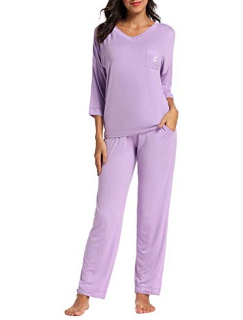 Women's V-Neck Knit Sleepwear 3/4 Sleeves Top with Pants Soft Pajama Set