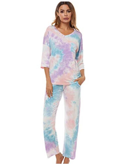 Women's V-Neck Knit Sleepwear 3/4 Sleeves Top with Pants Soft Pajama Set