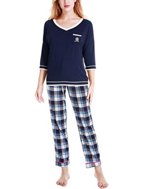 Women's V-Neck Knit Sleepwear 3/4 Sleeves Top with Pants Soft Pajama Set